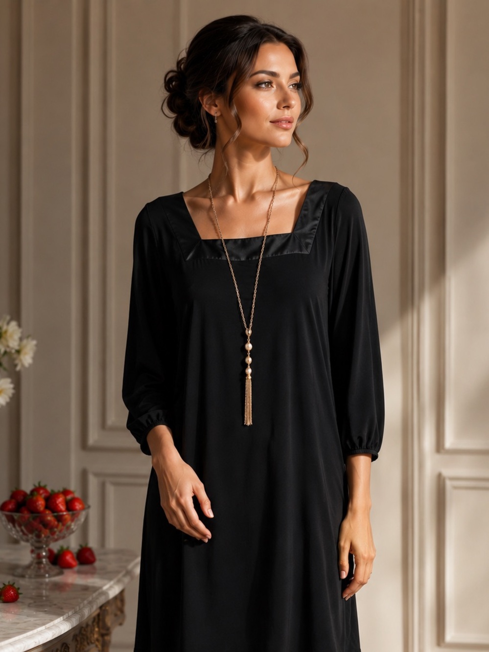 White House Black Market Black Silky & Elegant Long Sleeve Dress